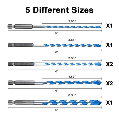 Concrete Drill Bit Set 7 Piece For Masonry With Shockproof Hex Shank Heavy Duty Industrial Carbide Bits 5/32 To 3/8 Inch For Concrete Brick Tile Plastic Cement UBESTHS displayed in 5 sizes.