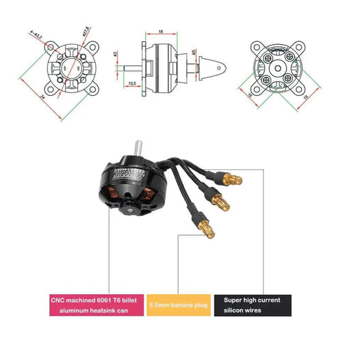 Diagram and front view of Surpass High Performance 2204 1400KV 14 Pole Brushless Motor For RC Airplane Fixed Wing With 12 Slot Hi Torque CNC 6061 T6 Aluminum Heatsink High Purity Copper Windings ABEC5 Oversized Bearings Precision Balanced Rotor For Maximum RPM.
