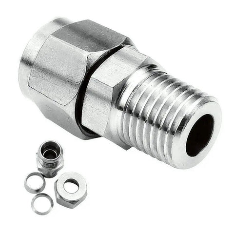 304 Stainless Steel Compression Fitting Ferrule For Oil Lines, Five Sixteenths Inch Tube OD To One Half Inch NPT Male Straight Adapter With Double Ferrules, Corrosion Resistant, High Pressure Up To 2900 Psi