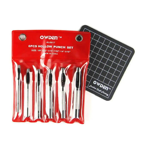6 Piece Hollow Hole Punch Set With Free Cutting Mat For DIY Leather, Fabric, And Craft Projects, visible in red PVC pouch.