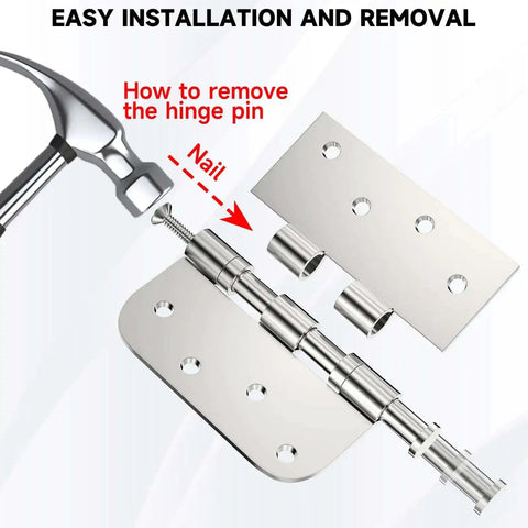 Three Pack 4 Inch Stainless Steel Door Hinges With Ball Bearings Heavy Duty Removable Pin shown with hammer on white background