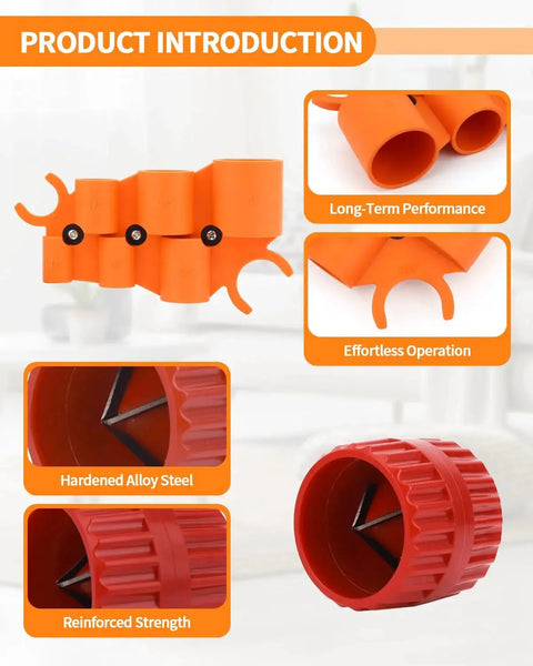 All In One Depth Gauge And Pipe Deburring Tool Kit with orange reamer and hardened alloy steel details for multiple pipe sizes.