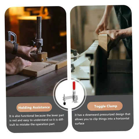Two Pack Hand Toggle Clamps With Rubber Tips Quick Release Iron Fixed Toggle Clamps for woodworking and welding projects in use
