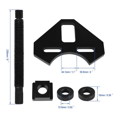 Universal Wheel Bearing Hub Removal Tool Kit components with threaded rod, steel plates, and spacers for 5 6 and 8 lug hubs.
