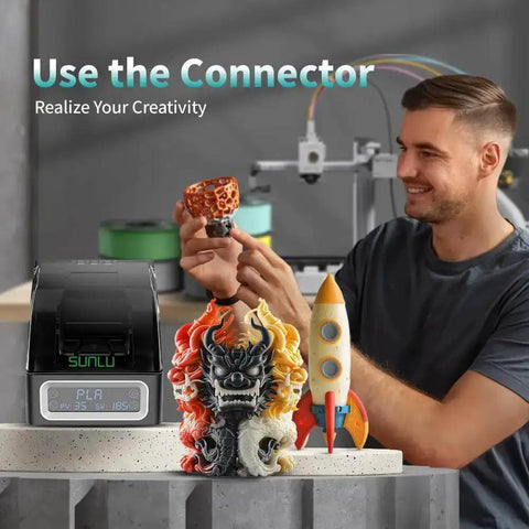 Man holding 3D printed object using Filament Splicer And Connector Kit with 200 Pcs PTFE Sleeves for 1.75mm 3D printer filament.