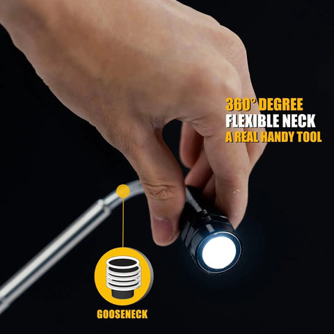 Magnetic Pickup Tool With Telescoping Magnet And Flashlight, A Handy Auto Home Garage Gadget For Dads Husbands Boyfriends, shown with flexible neck and bright LED light