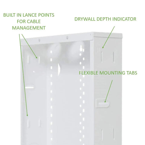 Interior view of 28 Inch Structured Media Enclosure with Hinged Locking Door, showing cable management and drywall depth indicators.