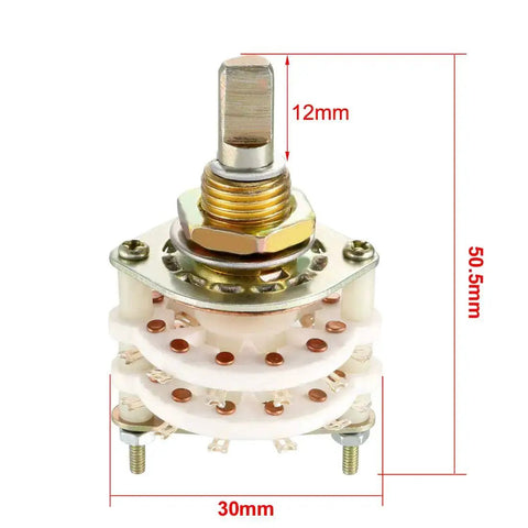 4 Pole 5 Throw Rotary Switch With 2 Deck Band Channel, Plastic Knob, 24 Pins, 10mm Mount Hole, 6mm Shaft, in close-up view