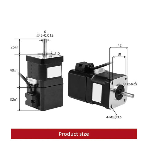 Brake stepper motor pair: 12V, 4-lead, black housings with silver shafts; front and side views, NEMA17.