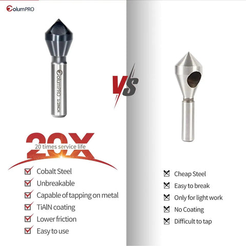 Side by side comparison of Pro Grade Beast Heavy Duty Cobalt TiAlN Coated Single End Countersink Chamfer Tool and a regular bit.