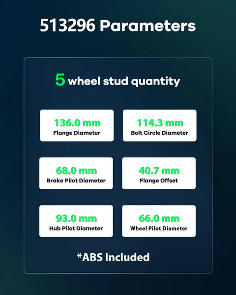 Diagram of front wheel bearing hub assembly parameters for Nissan, including flange, bolt, and pilot diameters with ABS included