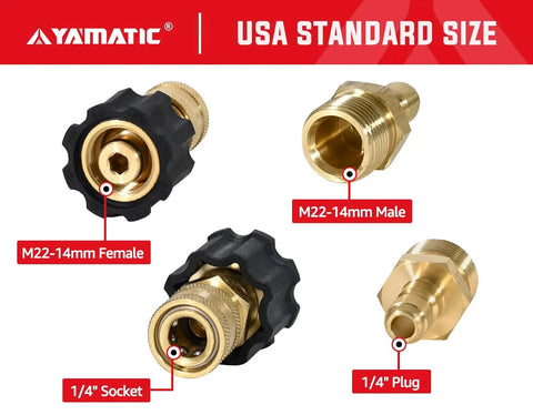 One Quarter Inch To M22 14mm Quick Connect Adapters For Pressure Washer Hose And Gun, Converts One Quarter Inch Quick Disconnect To M22 14mm, 4000 PSI High Power Hose Couplers, 2 Pack By YAMATIC showing male and female connectors with sockets and plugs.