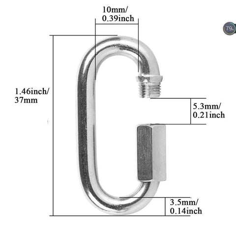 Image of a single 304 stainless steel chain link with dimensions labeled, part of a 10 Pack 304 Stainless Steel Chain Links M3.5 1/8 Inch D Shape Locking Quick Links For Outdoor Gear And Travel Equipment set.