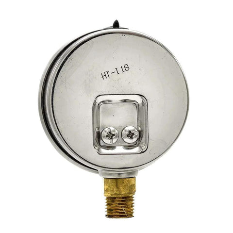 Back view of Heavy Duty Dual Scale Vacuum And PSI Pressure Gauge With Two And A Half Inch Dial One Quarter Inch Male NPT Bottom