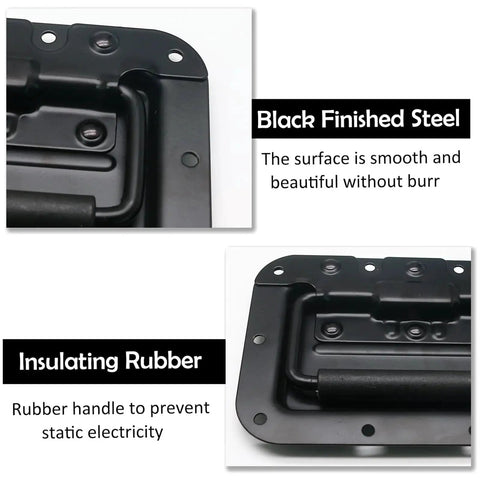 Close-up of Two Pack 6.34 Inch Recessed Spring Loaded Chest Handles with rubber grip, black iron, anti-rust coating, shown from top angle