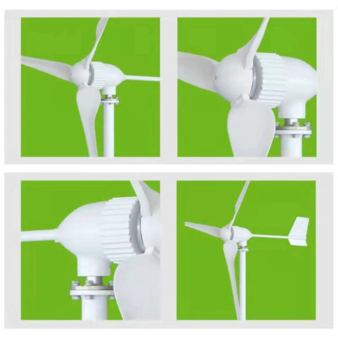 Wind turbine generator with 3 white nylon blades, collage shows front, side, close-up hub, and tail views