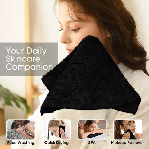 Woman using Black Microfiber Washcloths 24 Pack 12x12 Inches For Makeup Removal And Spa, highlighting softness and absorbency.