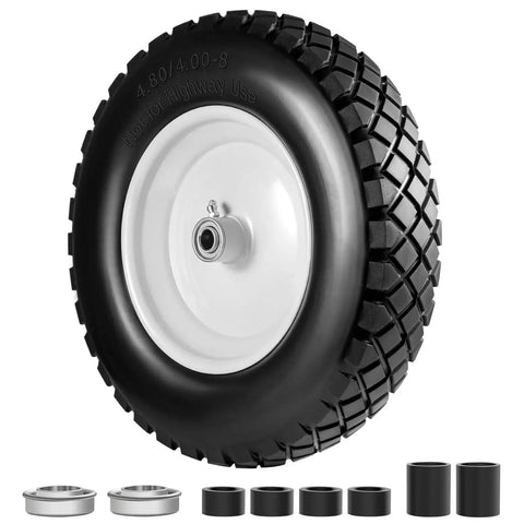 Flat Free Solid Tire And Wheel Set Two Pack 4.80 4.00 8 Inch For Wheelbarrows Hand Trucks Garden Trailers And Wagons With 5/8 Inch And 3/4 Inch Bearings And Adjustable 3 To 7 Inch Centered Hub Universal 14 To 16 Inch Fit, showing side view of tire with accessories.