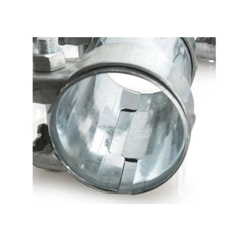 Metal exhaust pipe sleeve clamp for 1.5–3.0 inch tubes, 95mm length, interior locking tabs visible