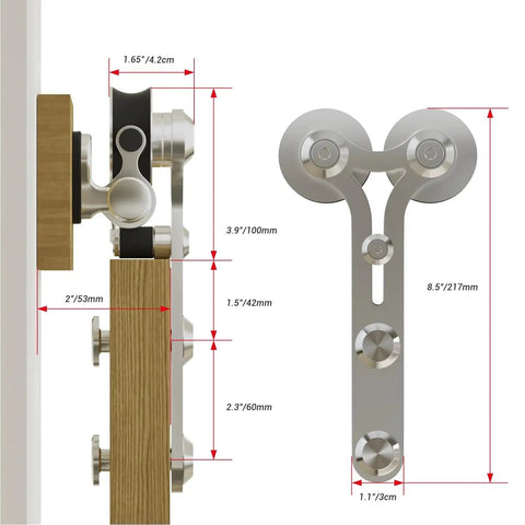 Side view of Stainless Steel Sliding Barn Door Hardware Kit With 7Ft Rail For Single Door Fits 42 Inch Panel Smooth Quiet Operation 220Lb Weight Capacity Includes Track Spliced Rail Wall Hangers Rail Connector 2 Rollers 2 Door Carriers Y Shape Hangers.