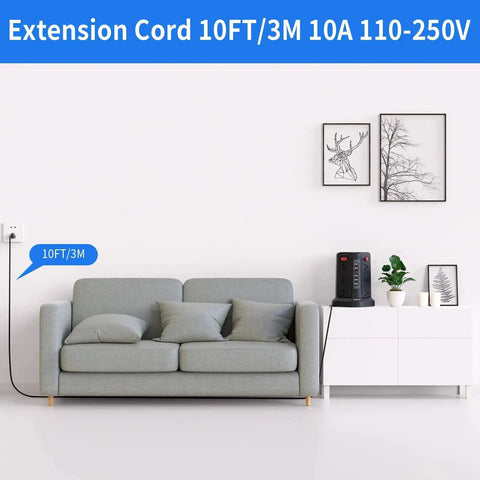 Heavy Duty Surge Protector Power Tower With 5 USB Ports And Night Light, 10 Ft Extension Cord And 12 AC Outlets next to sofa