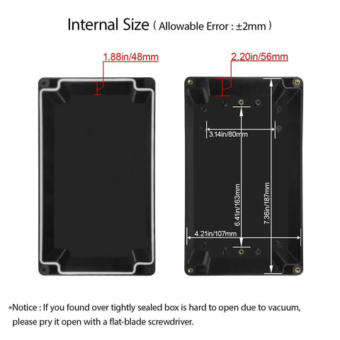 Internal view of IP65 Waterproof ABS Plastic Junction Box For Electronics Projects with dimensions 7.7x4.6x4.3 inches, black.