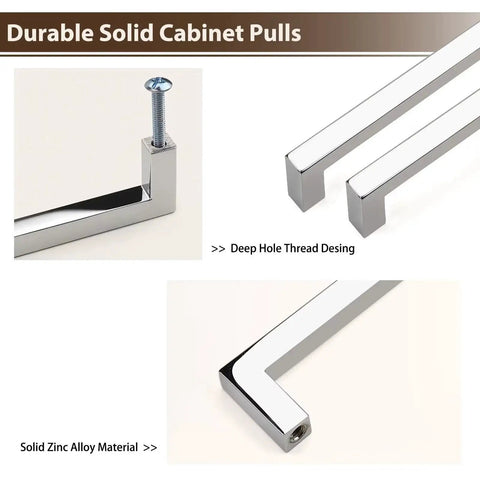 Five Pack Polished Chrome Cabinet Handles For Drawers And Cabinets, Solid Zinc Alloy Square Kitchen Cupboard Pulls, includes mounting screws