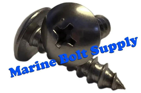 Close-up of 316 Stainless Steel Phillips Truss Head Sheet Metal Screw Kit for Marine and Outdoor Use with marine bolt supply text