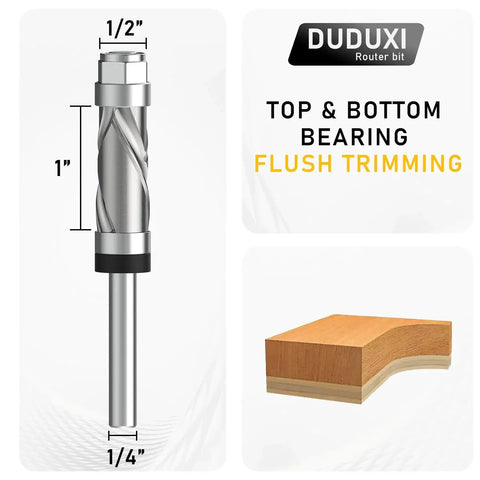 Carbide Compression Flush Trim Router Bit With One Quarter Inch Shank, Top And Bottom Bearing, Four Flutes, One Half Inch Cutting Diameter, One Inch Cutting Length, Spiral Up Down Pattern For Wood Trimming And Template Accuracy with diagram showing measurements and wood trim example.