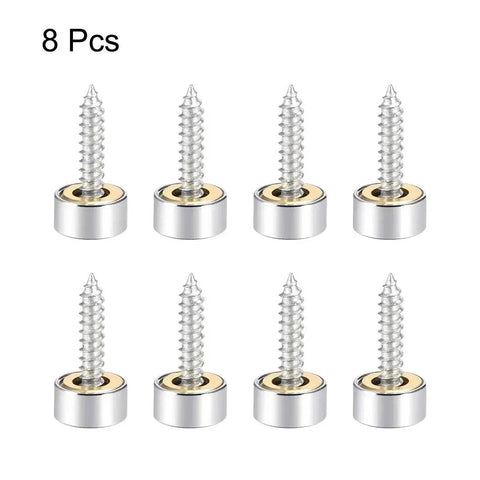 Polished Stainless Steel Mirror Screw Caps 10mm Decorative Covers for Screws Set of 8, showing screws with polished finish and brass core.