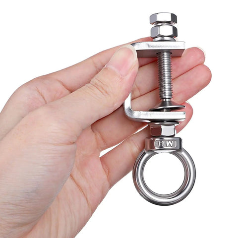 Hand holding Six Pack 1 Inch C Clamps With I Beam Design U Clamps Stainless Steel M8 Screw Ring Heavy Duty Desk Mount