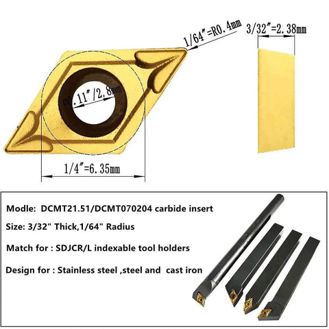 Carbide Turning Inserts Set For Lathe Multi Layer Coated CCMT DCMT 21.51 060204 21.51 070204 3 By 32Nd Inch Thick 1 By 64Th Inch Radius Single Sided For Stainless Steel Cast Iron And Non Ferrous Materials On Lathe Holders And Boring Bars 20 Pieces displayed with dimensions and tool holders