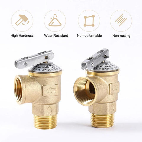 Two brass Witproton 150 PSI temperature and pressure relief valves, 3/4 in NPT threaded fittings