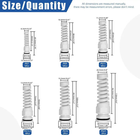 Diagram of 22 Piece Cable Gland Kit For Electrical Installations With PG7, PG9, PG11, PG13.5, PG16, And PG21 sizes and dimensions