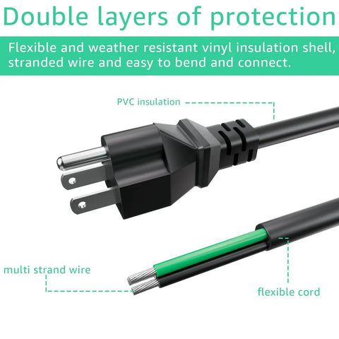 Heavy Duty 6 Foot 12 Gauge 3 Prong Replacement Power Cord Cable 110V 120V 15 Amp Plug For Appliances Power Tools And Dishwashers 12 AWG 3 Conductor Wire Pigtail close-up view showing plug and insulation.