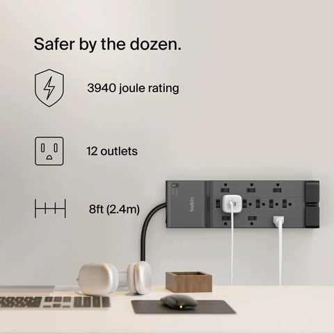 Dope 12 Outlet Surge Protector Power Strip With 8 Foot Flat Plug For Home Office Travel UL Listed Heavy Duty Extension Cord 3940 Joules Of Protection And Charge Multiple Devices At Once