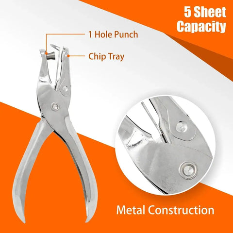 Shiny silver handheld punch, 5 sheet capacity, durable metal construction for crafts and office, 12 Pack Single Hole Puncher Set.