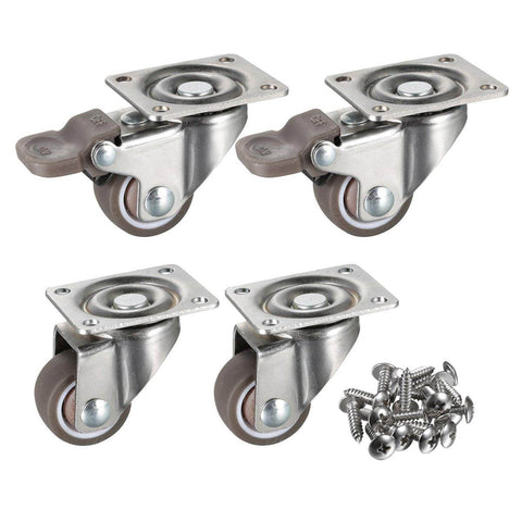 4 Pack 1" Low Profile Swivel Caster Wheels - Soft Rubber with 360° Top Plate, 100 lb Total Capacity (2 with Brakes & 2 Without)