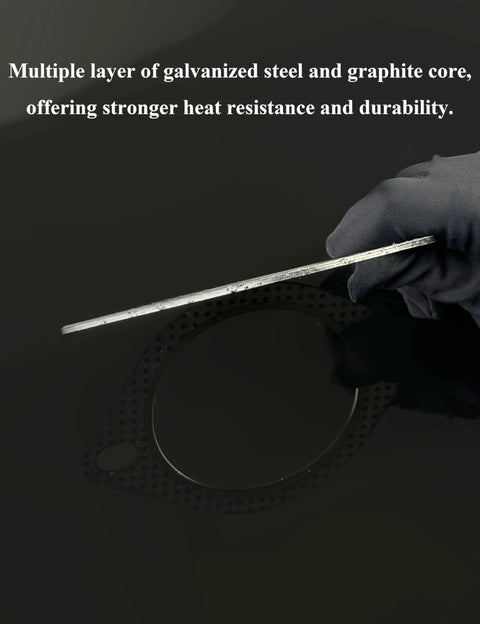 YAMAKATO 3-inch, 2-bolt high-temp exhaust gasket; gloved hand holds slim metal gasket strip over a perforated circular gasket