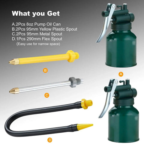 Green Metal Oil Can Set With Two Complete Sets Of Spouts For Precision Oiling Of Machinery And Automotive Parts