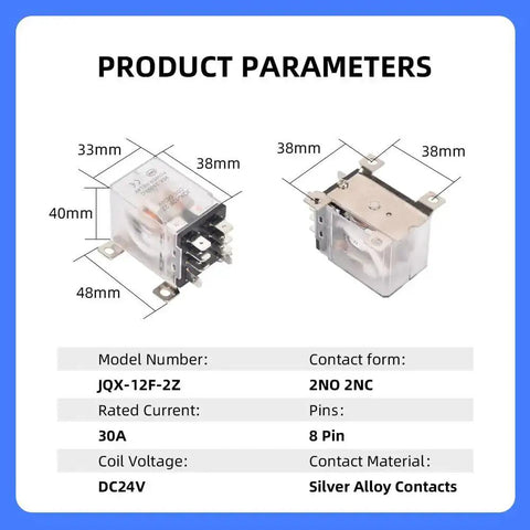 Beefy 24V DC Power Relay, 30A DPDT 2NO 2NC, 8 Pin dimensions and technical specifications.