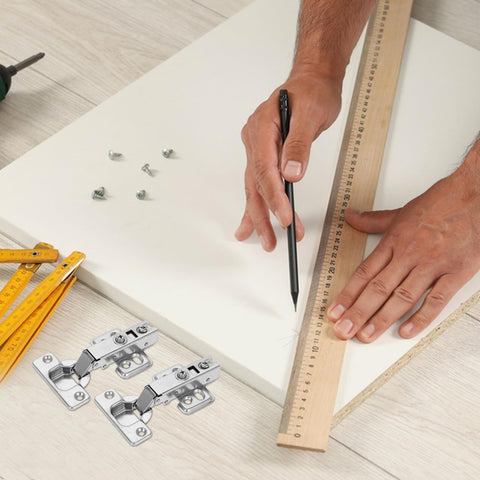 Person measuring wood panel with ruler and pencil, Soft Closing Frameless Cabinet Hinges Two Pack For Replacement Doors visible nearby