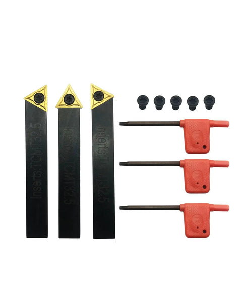 Three Piece 1/2 Inch Indexable Carbide Lathe Tool Holder Set With AL 8 AR 8 E 8 Holders And TCMT32.51 Inserts Preinstalled For Quick Change
