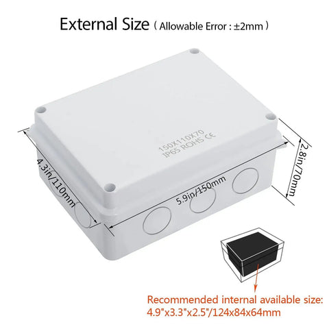 Diagram showing dimensions of Rugged Outdoor IP65 Weatherproof Dustproof Junction Box For Electronics Enclosures Made Of ABS Plastic White 5.9 X 4.3 X 2.8 Inch With NPT Cable Glands LeMotech Ideal For Outdoor Electrical Projects Industrial Grade Sealed Enclosure