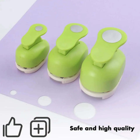 Green Grab And Go Three Size Circle Hole Punch Set for Scrapbooking and Card Making, featuring 1 in, 5/8 in, and 3/8 in punches.
