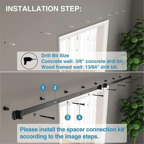 Installation guide for 1-3/8 Inch Sliding Barn Door Track Spacers Replacement Kit With Adjustable Carbon Steel Connectors Including Lag Bolts And Wall Anchors Pack Of 4 with drill bit sizes for concrete and wood walls.