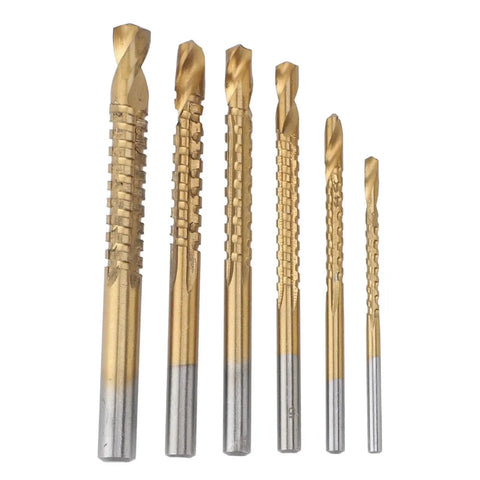 Six Piece Serrated Twist Drill Bit Set for Wood PVC and Plastic Chamfering Grooving includes 3 4 5 6 6.5 and 8mm Bits for Soft Materials