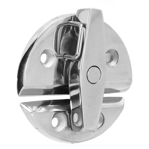 Round marine-grade stainless steel boat twist latch; side view showing mounting base and mirror finish.