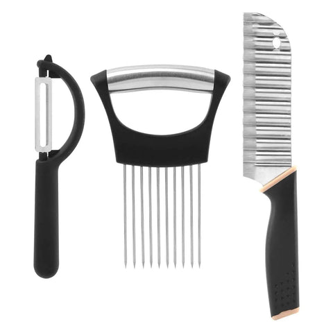 Black Crinkle Cutter With Onion Holder And P Type Peeler Stainless Steel Wavy Veggie Slicer With Handle Potatoes And Veggies Slicing Tool Set No Nonsense Kitchen Gadget For Onions Carrots Cucumbers And More displayed with black handles and stainless steel blades.