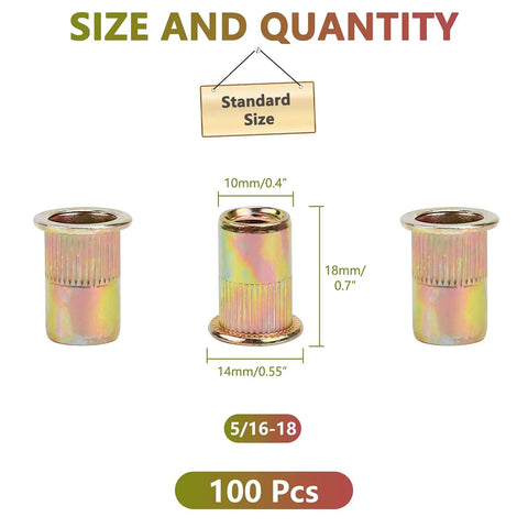 100 Pack 5/16 Inch Rivet Nut Set 5/16-18 UNC Flat Head Rivnut Inserts, Zinc Yellow Plated Carbon Steel Threaded Inserts dimensions